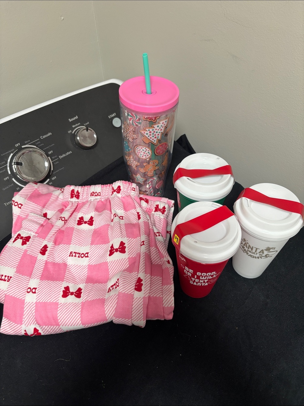 Pink Checkered Pajama Pants with Red Bow Print